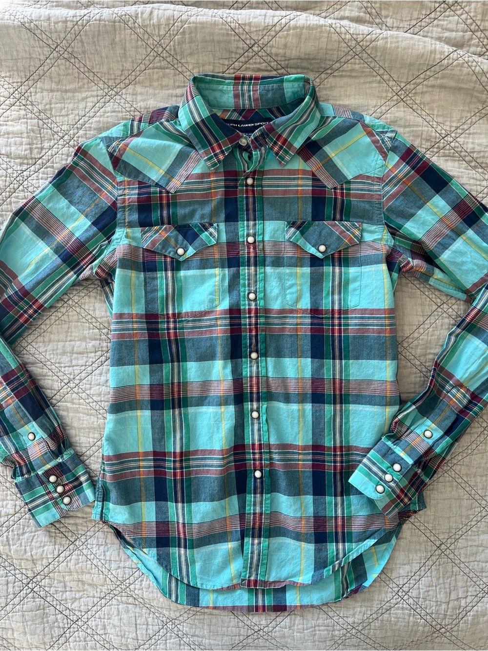Ralph Lauren Sport Plaid Western Button-Up Pearl Snap Shirt in Teal and Navy 4